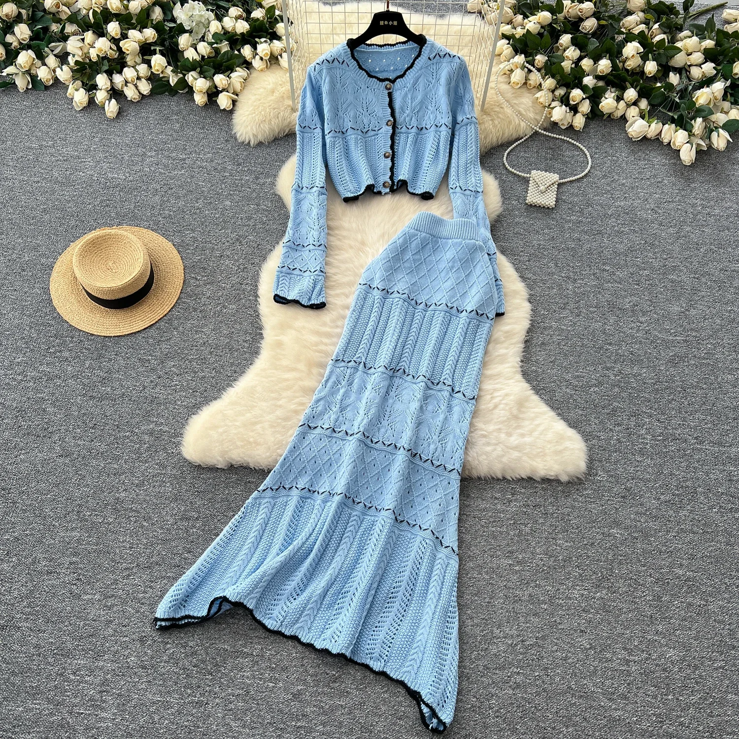 Chic Hook Flower Hollow Knit Women Two-Piece Sets O-neck Single Breasted Top and High Waist Skirt Korean Autumn Winter Clothing