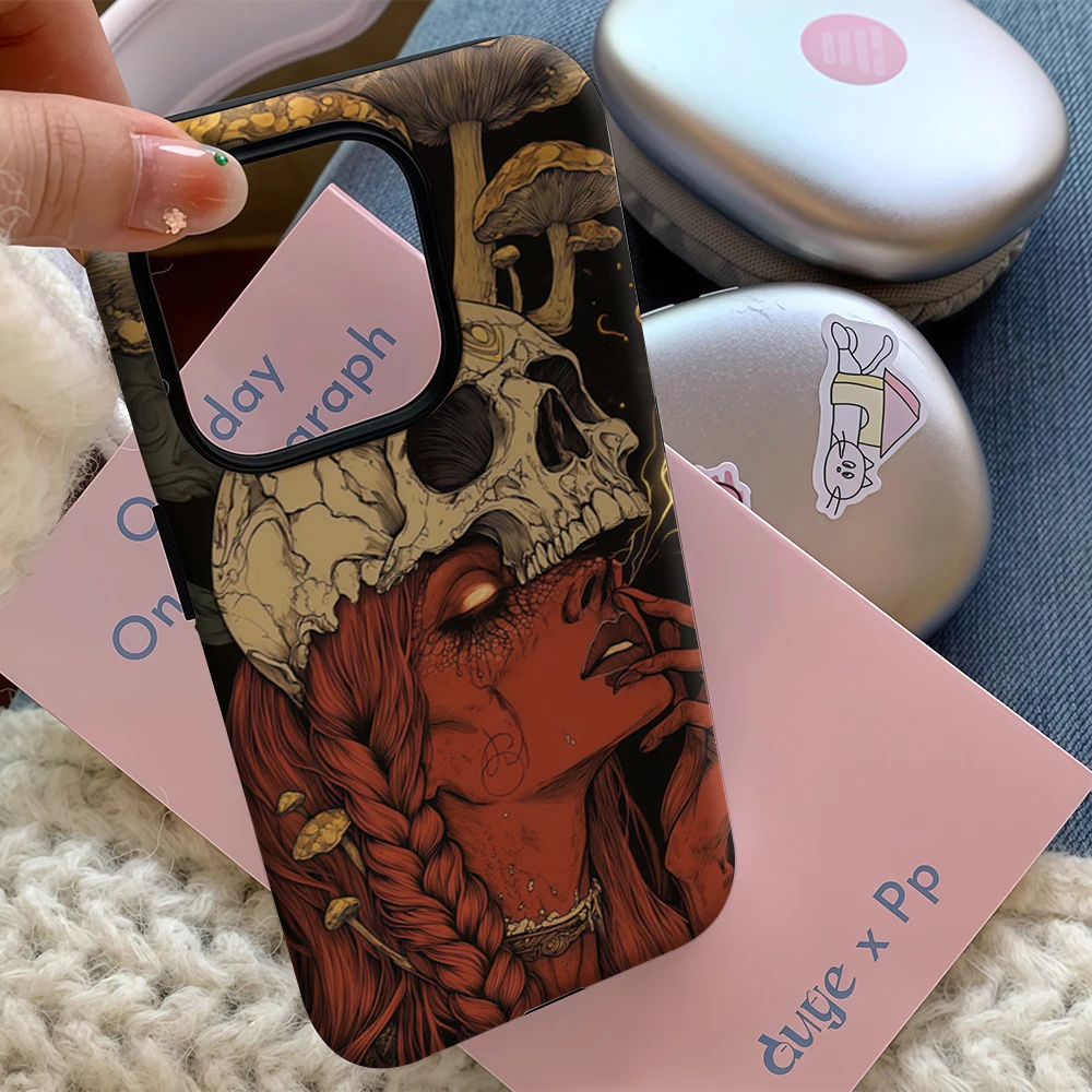 الجمجمة والفطر هالوين IPhone17 يجب أن يكون لديهم جراب هاتف آيفون 17 16 15 14 13 12 11 برو ماكس زائد طبقة مزدوجة الغطاء الخلفي