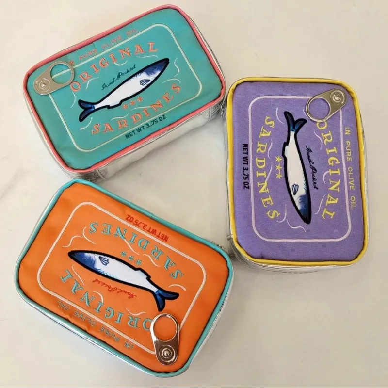 Canned Sardines Makeup Bag Zipper Closure Embroidery Small Toiletry Pouch Portable Travel Toiletry Bag Cosmetic Organizer Case