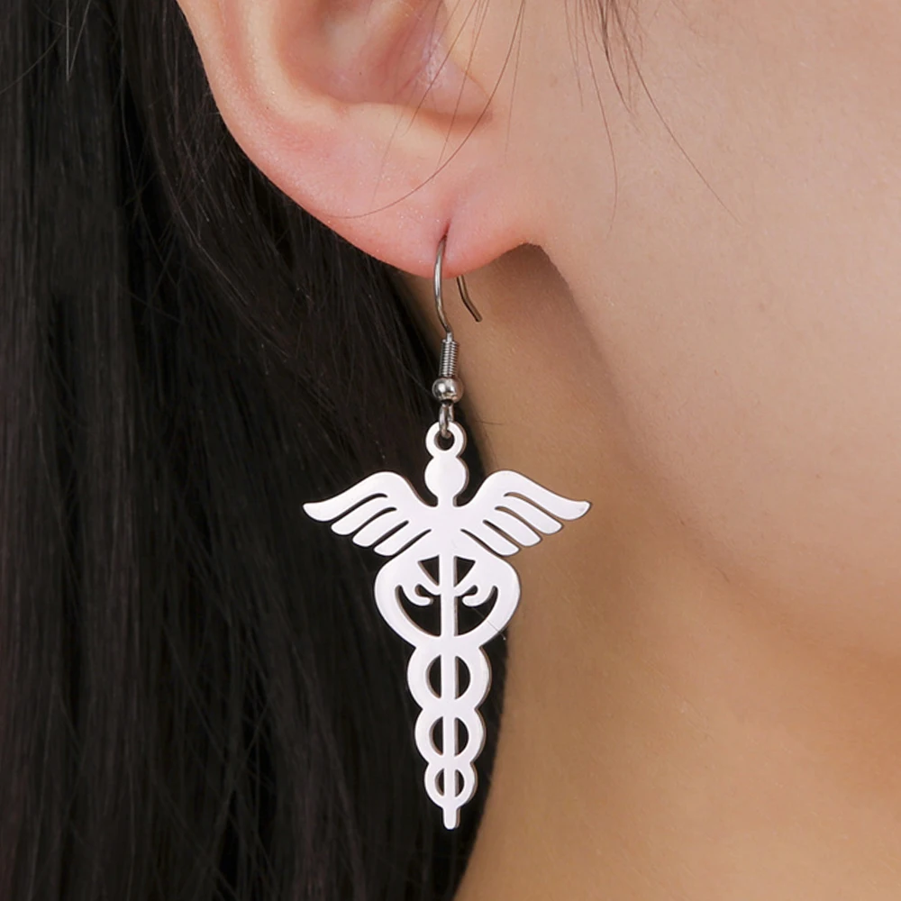 My Shape Caduceus Drop Earrings Medical Snake Scepter Wings Stainless Steel Pendents Necklace Nurse Doctor Medical Jewelry Gifts