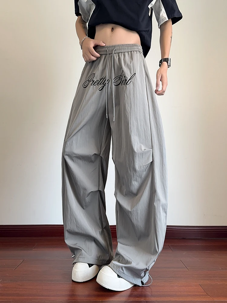 

American Letter Folded Sakamoto Pants Men Women Summer Thin Ice Silk Qui Dry Paratrooper Straight Leg Wide Leg Knife Pants