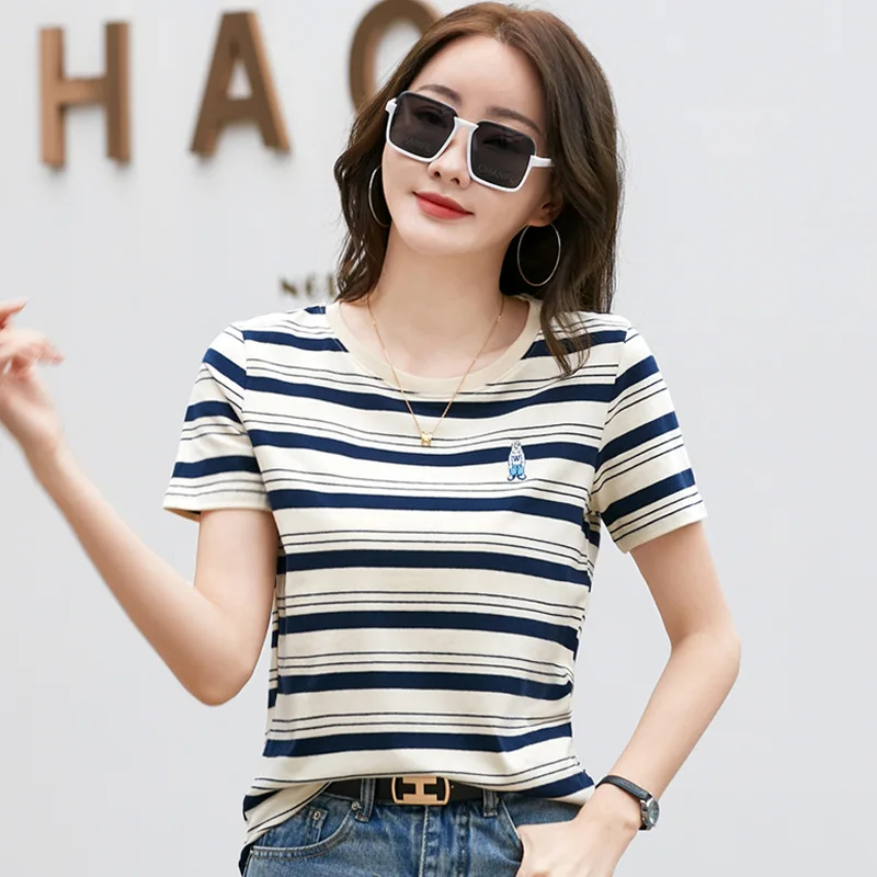 

2025 New Striped Short-sleeved Top T-shirt Women Clothing Summer Casual Embroidered Bear O-neck Loose Pullover Top Women