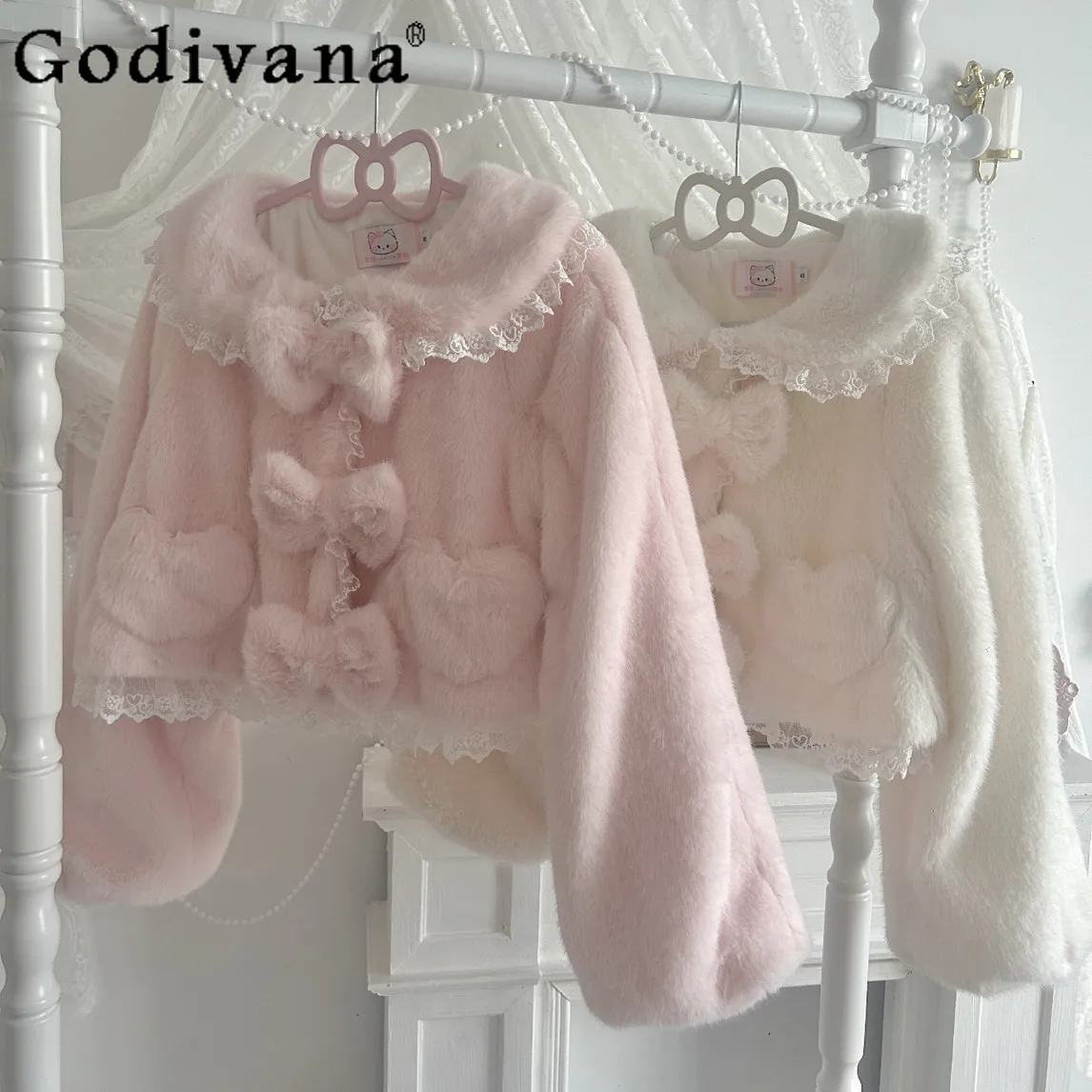 Winter Thickened Warm Japanese Style Lolita Short Plush Coat Doll Collar Lace Trim Bow Sweet Cute Girl Coat