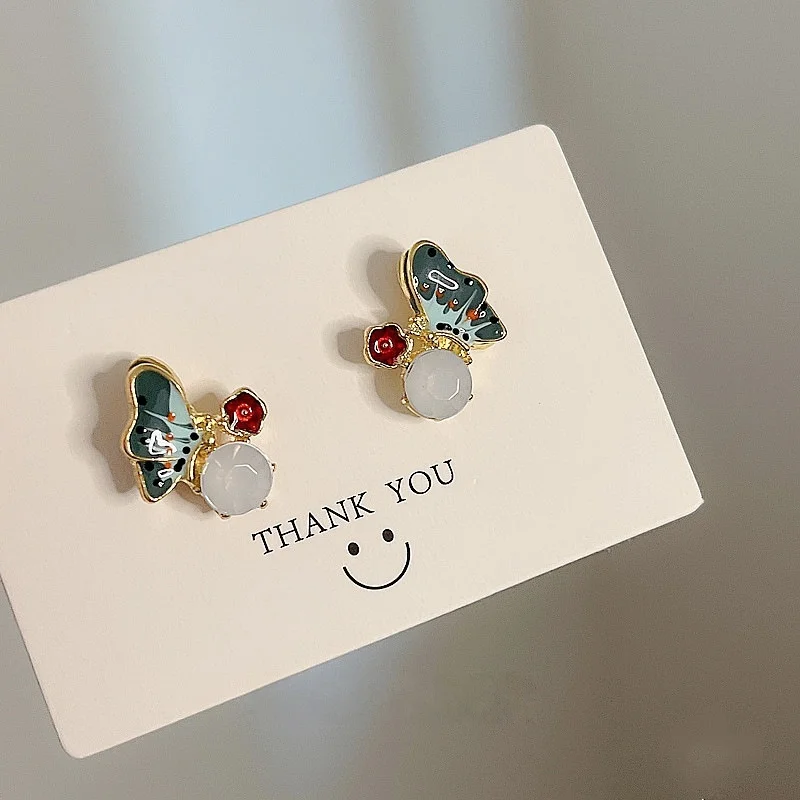 Enamel Blue Butterfly Drop Pearl Stud Earrings Fairy Romantic Earrings Jewelry Gifts For Women Girls
