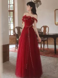 Wine Red Dress Women's Summer New Solid Color Beaded Strapless Long A-line Skirt Temperament Fashion Female Clothing M132