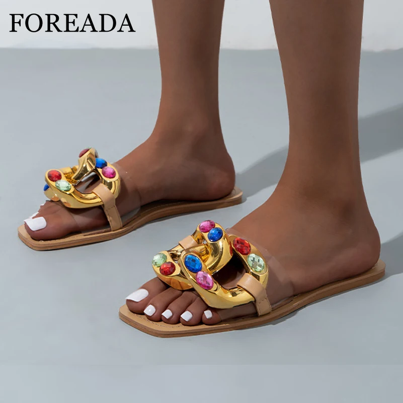 

FOREADA Women Slides Square Toe Flat Sandals Crystal Metal Decoration Transparent Slippers Ladies Fashion Casual Shoes Summer 42