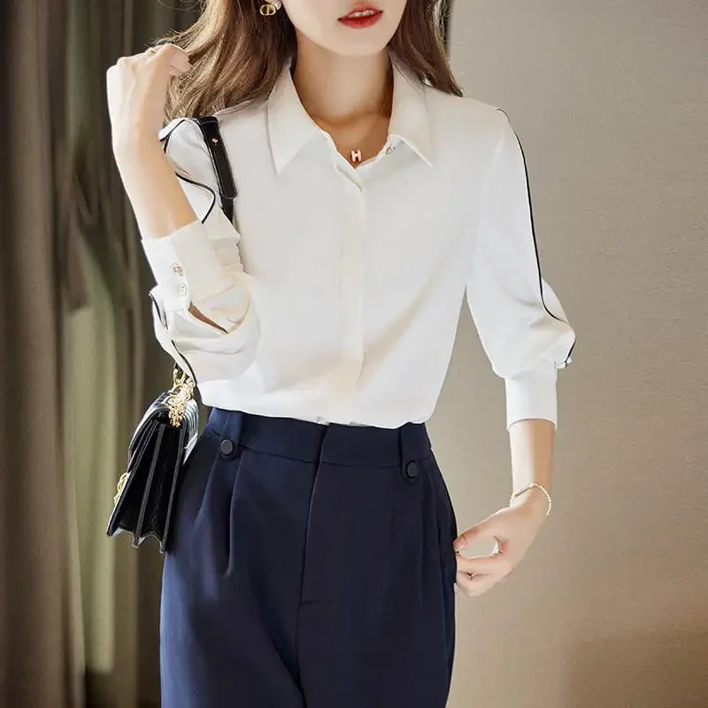 

Clothing 2025 Temperament Formal Fashion Casual Chiffon Thin Spring Summer Blouses Button Turn-down Collar Solid Striped
