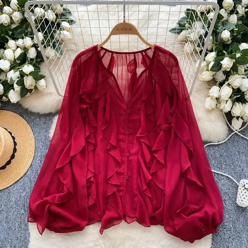 Imagen 2 del producto Blusas para mujer, blusas informales semitransparentes, camisas y blusas de hadas de primavera, Tops de manga larga para mujer, jersey negro, cárdigan de gasa