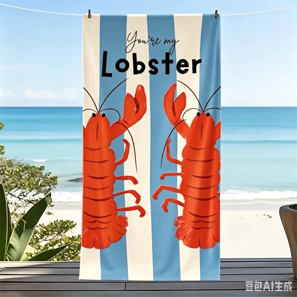 Oversized Red Lobster Beach Towel Blue White Striped Microfiber Towel for Summer Vacation and Pool Days