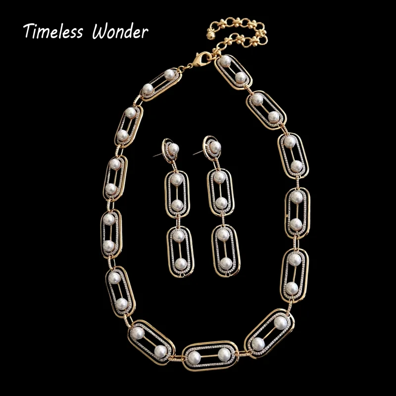 Timeless Wonder Retro Zircon Geo Glass Pearl Pave Necklace Women Designer Jewelry Goth Runway Trendy Art Deco Vintage Set 4526