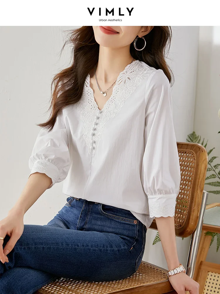 Vimly French Vintage White Shirts for Women Fashion 2023 Spring Summer Straight V-Neck Embroidery Casual Solid Shirts & Blouses