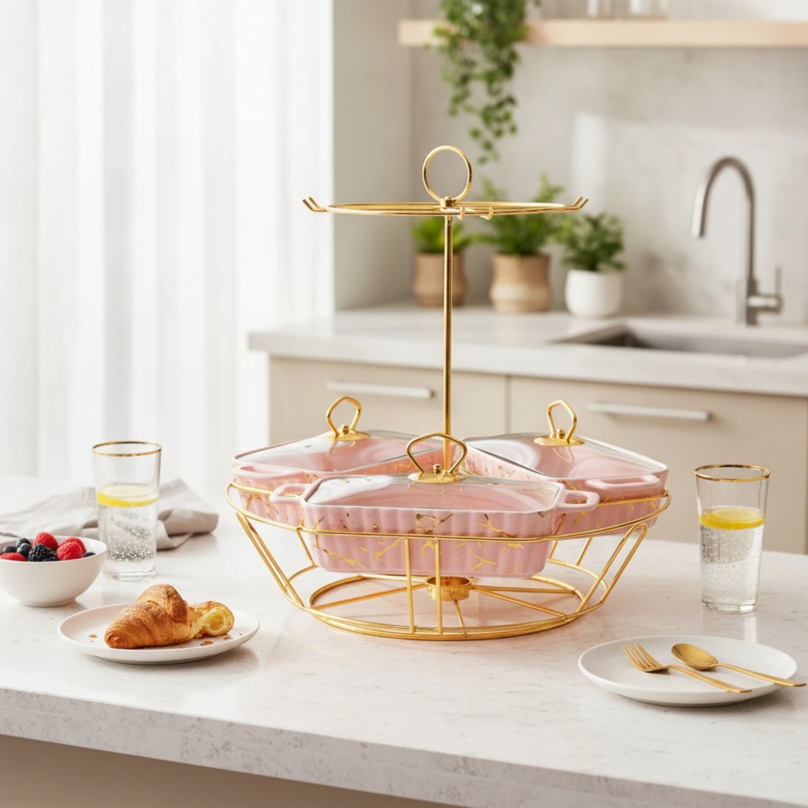 Rotating Casserole Server Marble-Style Casserole Dishes with Stand Buffet Set Gold-Tone Serving Ware Ceramic for Hosts