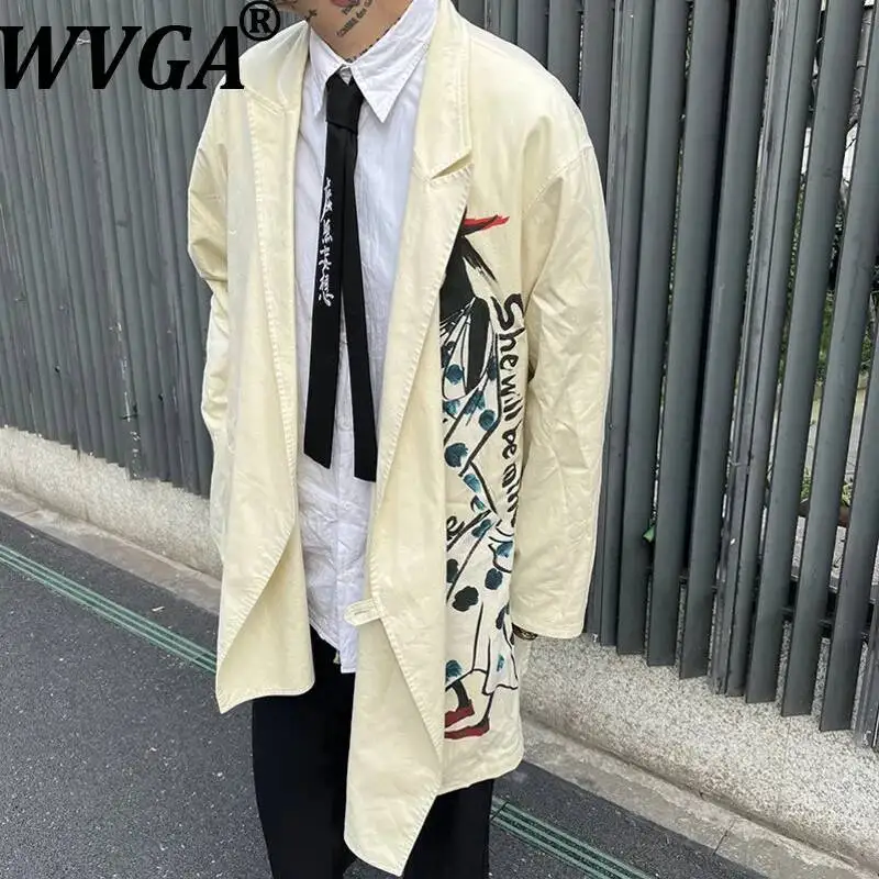 

WVGA Spring Autumn New Men's Dark Style Hand-Painted Trendy Mid-Length Cotton-Linen Blazer Niche Chic Casual Jackets Ins W24578