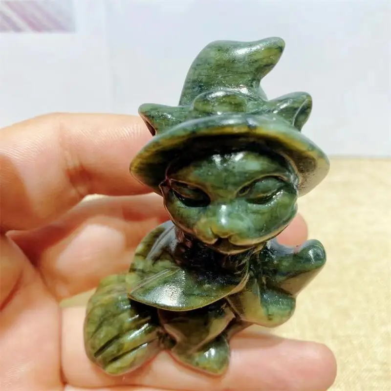 6.8cm Natural Serpentine Halloween Wizard Cat Carving Crystal Healing Home Decor Creative Christmas Gift 1pcs