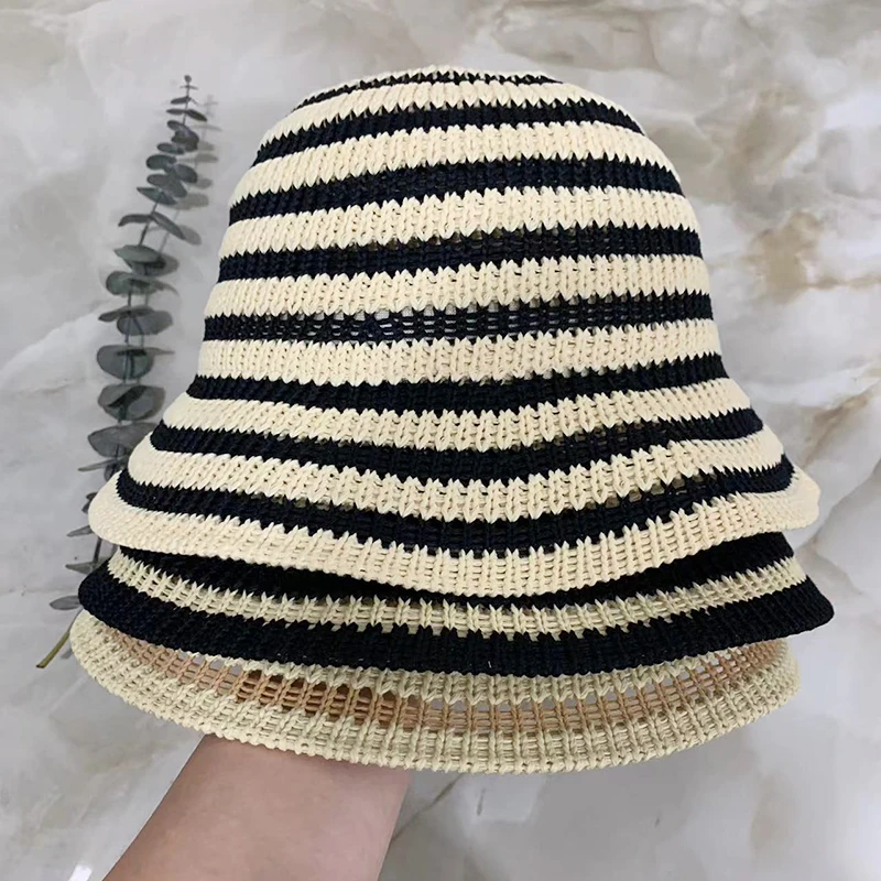 Striped Hollow Bucket Hats For Women Spring Summer New Sun Hat Female Crochet Fishermen Cap Outdoor Travel Basin Caps Panama