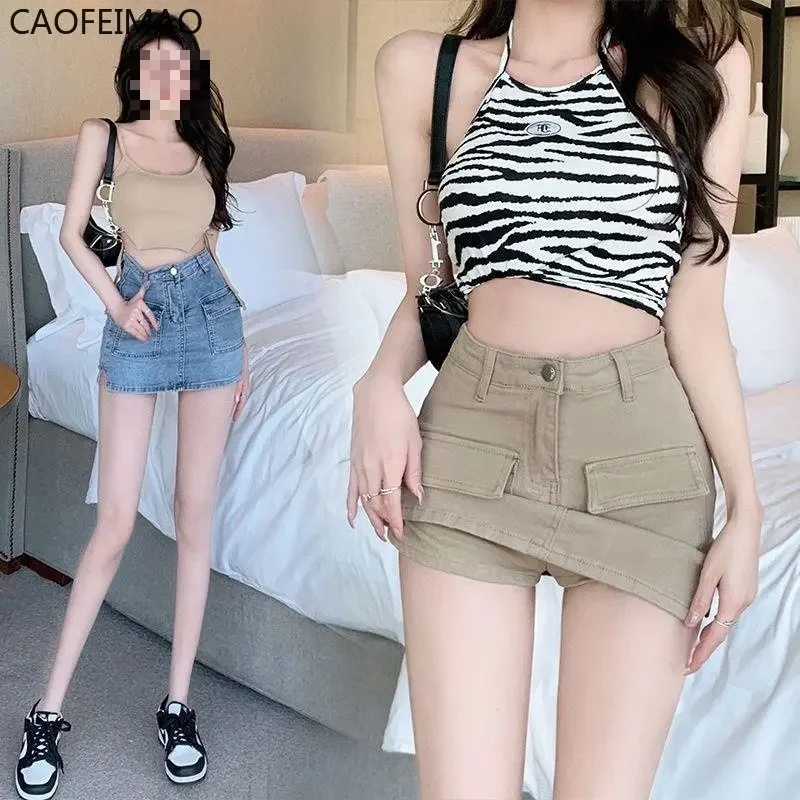 Сумк бедр Korean High Wiast Denim Mini Skirt Women Sexy Hot Girl Tight Bag Hip Skirts Female Slim Anti-Glare Short Skirts Female