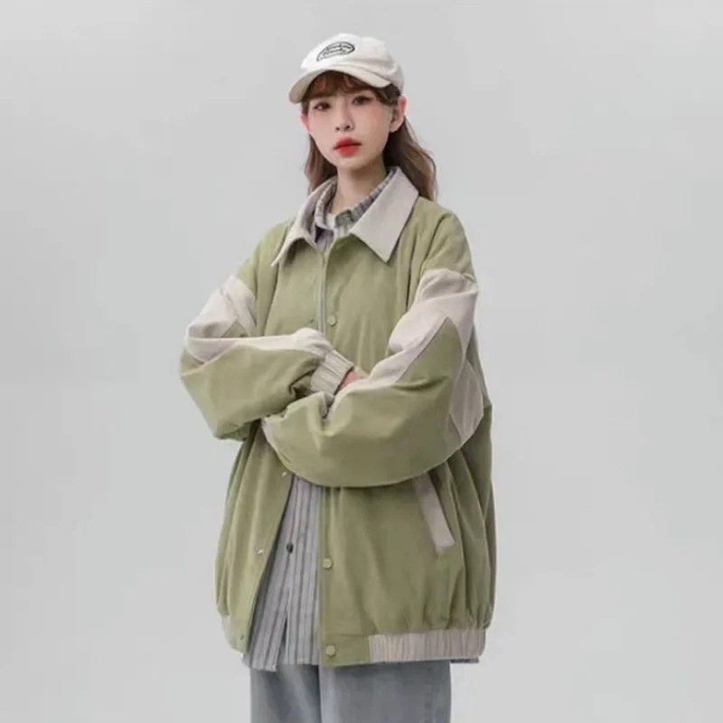 

Baggy Coat Button Tops Loose Green Female Clothes Splicing Sweatshirts For Women Long Sleeve Nice Color Cheap And Korean Style