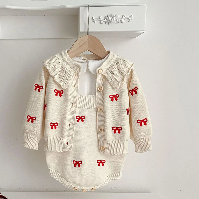 Baby Girls Knit Clothing Sets Bow Embroidery Long Sleeve Infant Sweater Coat + Suspenders Rompers Autumn Toddler Clothes Suit