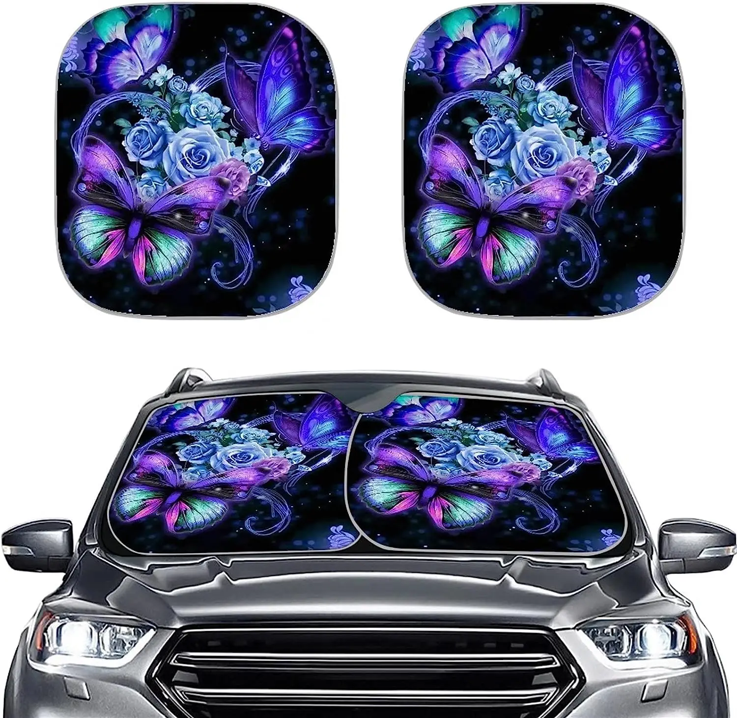 Blue Butterfly Flower Print Windshield Sun Shade Foldable Car Front Window Sunshade for SUV Truck Auto Sun Blocker Visor 2PC