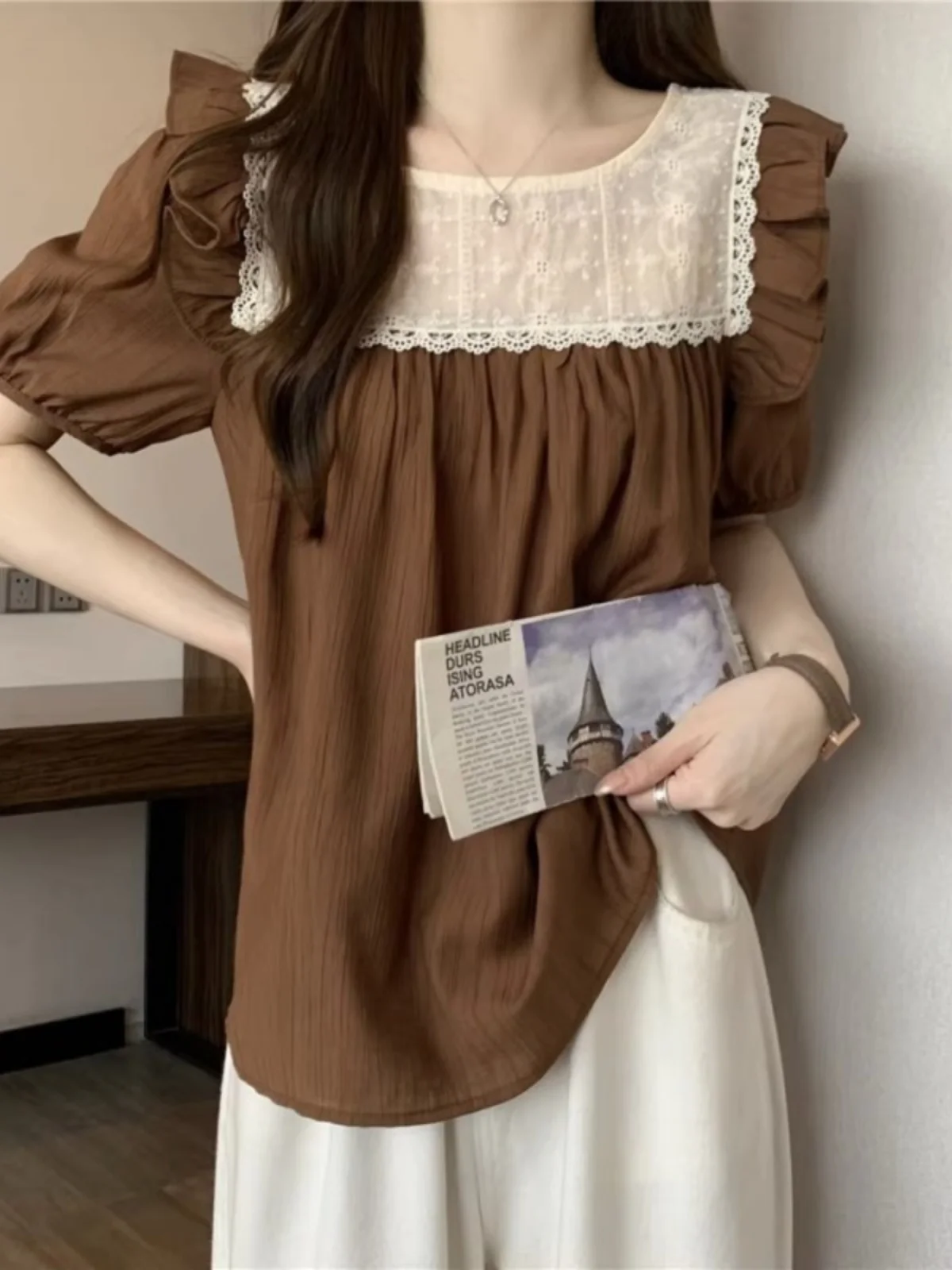 Blusa Holgada de Gasa para Mujer, Diseño Nuevo de Verano, Adorno de Encaje, Estilo Coreano, Cuello Redondo, Línea Recta...