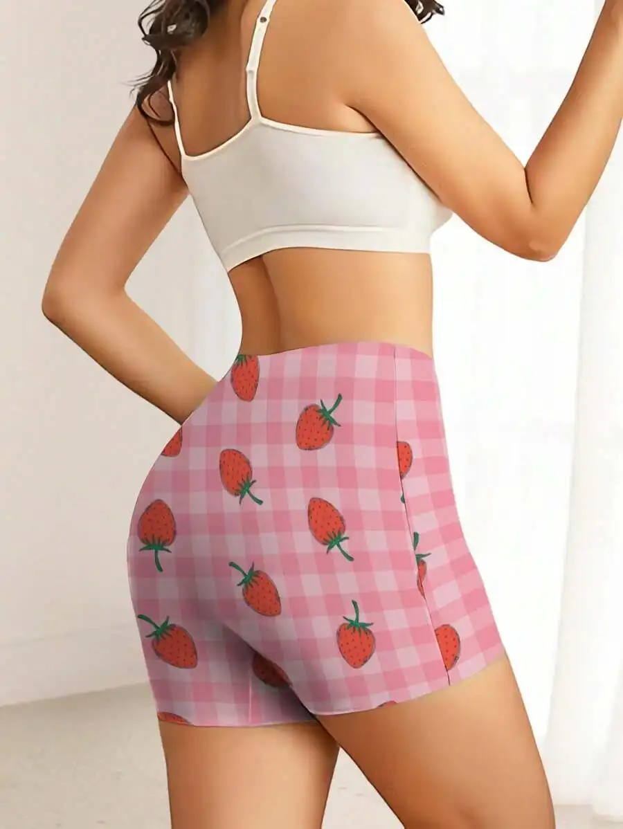 

Women Summer Strawberry Gingham Sport Shorts Breathable Fitness Shorts Casual Workout Wear