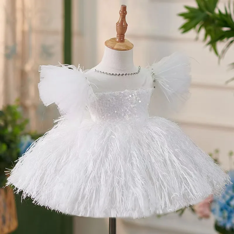 Jill Wish Cute White Puffy Sleeve Flower Girl Dress Feathers Knee Length Princess Baby Wedding Birthday Party Holiday Gown J304