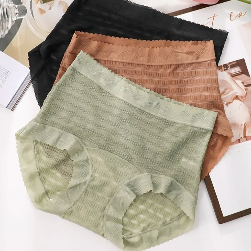 

Breathable Mid Waist Thin Lace Panties Seersucker Mesh Transparent Seamless Underpants Ice Silk Large Floral Briefs Lady