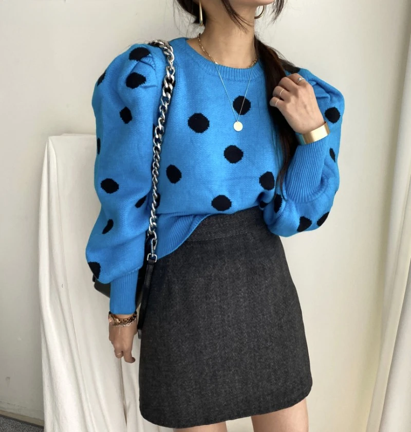 2024 novo chique puff manga camisola feminina elegante 2024 outono inverno polka dot pulôver camisola feminina malhas jumper topos senhora