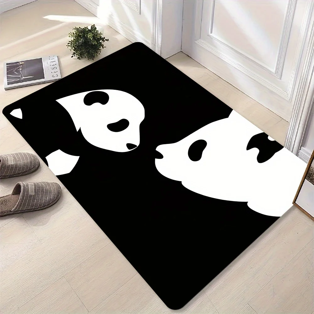 1pc Festive Panda Flannel Welcome Mat - Machine Washable, Black & White Design with Holiday Themes, Perfect for Living Room, Bed