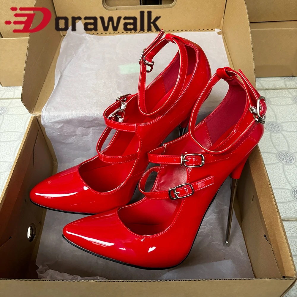 

Big Size 2025 Newly 16cm Super Metal High Heels Ankle Strap Red Red indise Sexy Pumps Fetish Stilettos Pole Dance Unisex Shoes