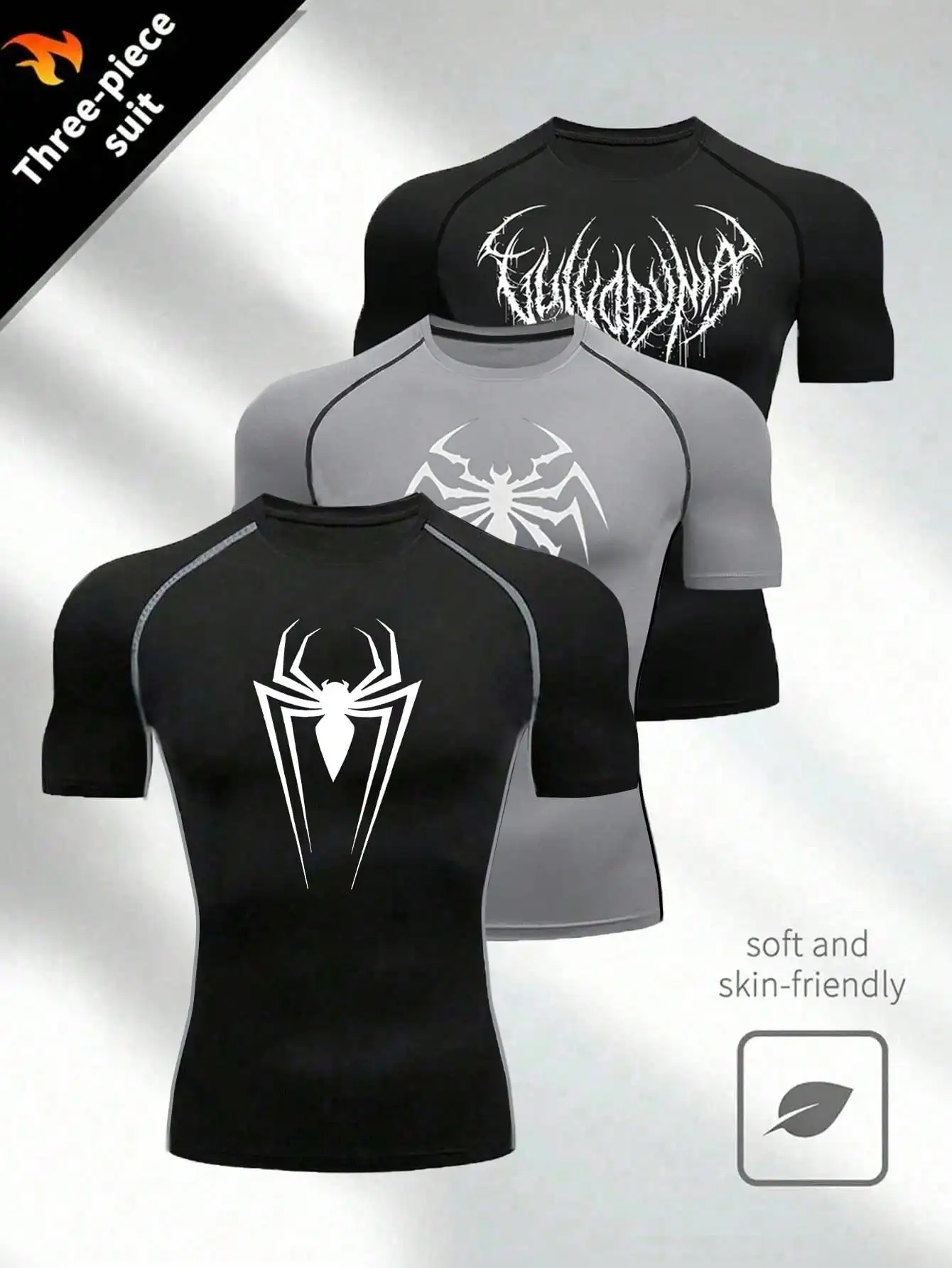 

Мужской комплект из 3 компрессионных спортивных футболок - с графическим принтом, короткий рукав, круглый вырез горловины