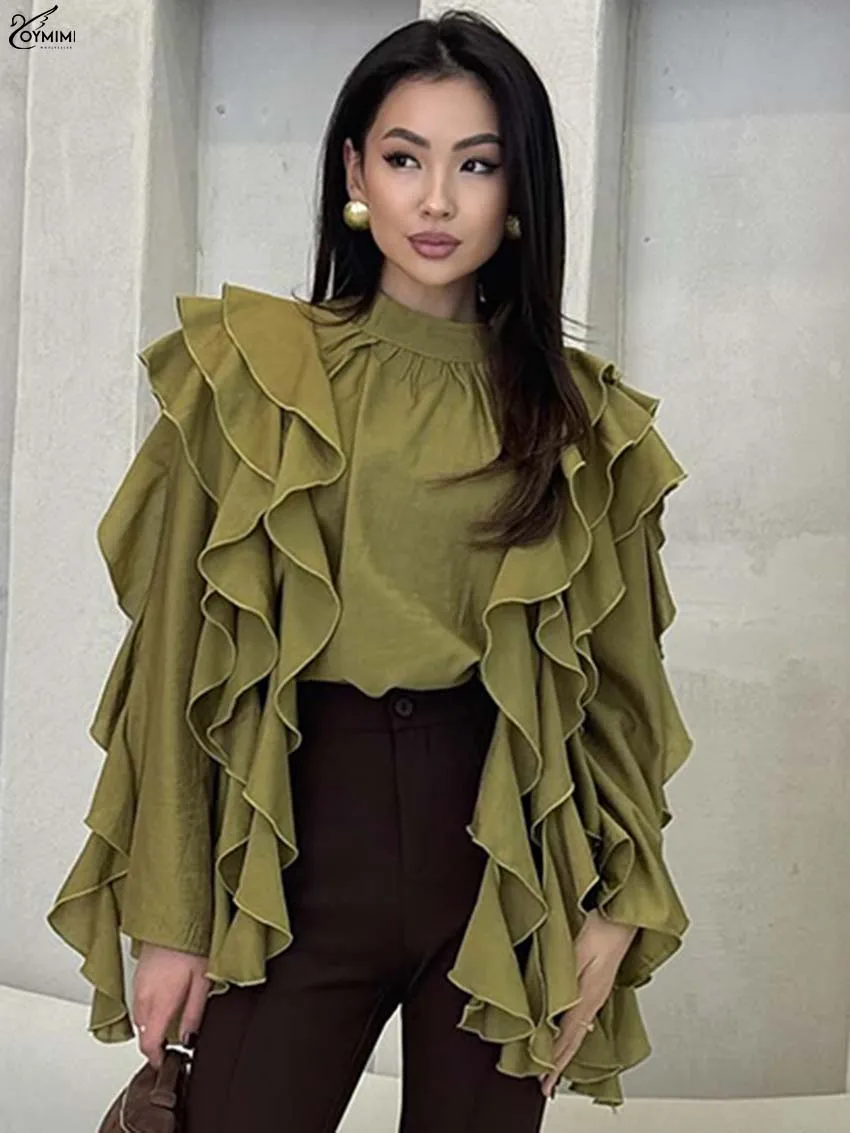 

Oymimi Fashion Green Ruffled Women's Shirt Casual New O-Neck Long Sleeve Button Blouses Elegant Solid Patchwork Shirts Female