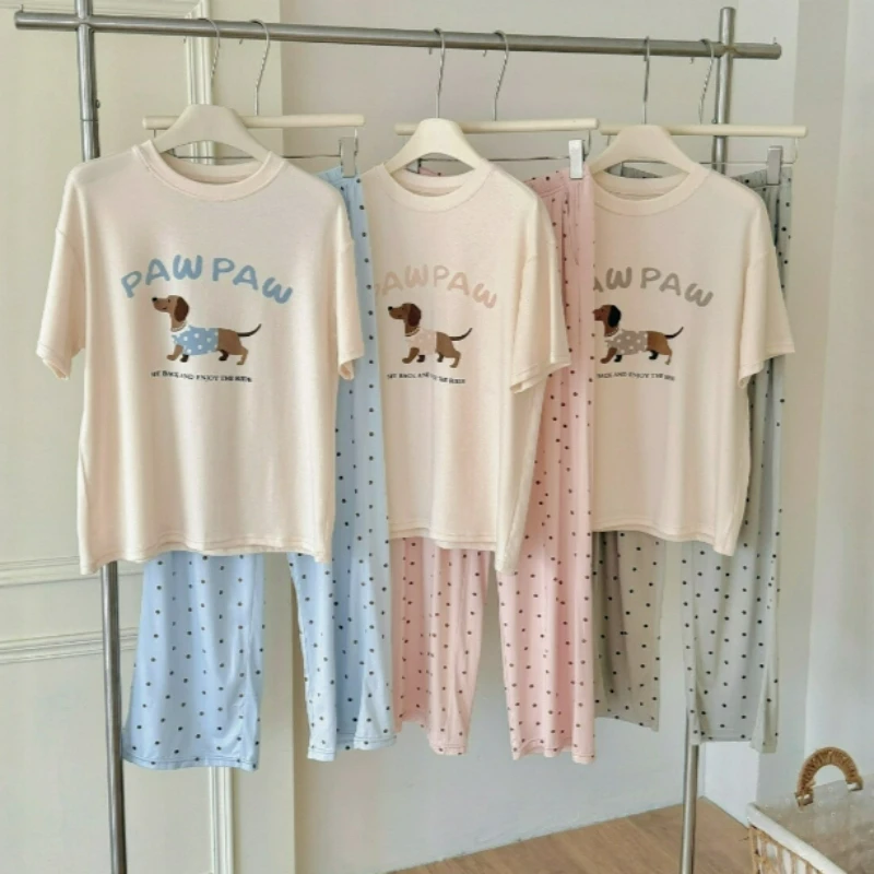 New Style Fashionable Casual Loose and Comfortable Home Clothes for Women 2026 Summer Korean Sweet and Cute Printed Dog Set