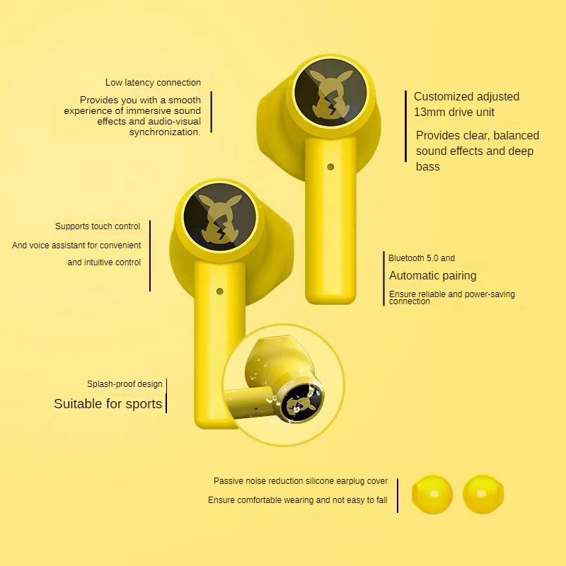 Razerポケモンpikachu真のワイヤレスBluetoothイヤホン2つスポーツ