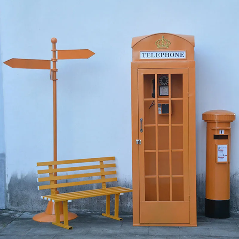 Telephone Booth Set Chair Post Box Mailbox Iron Model Decoration Home