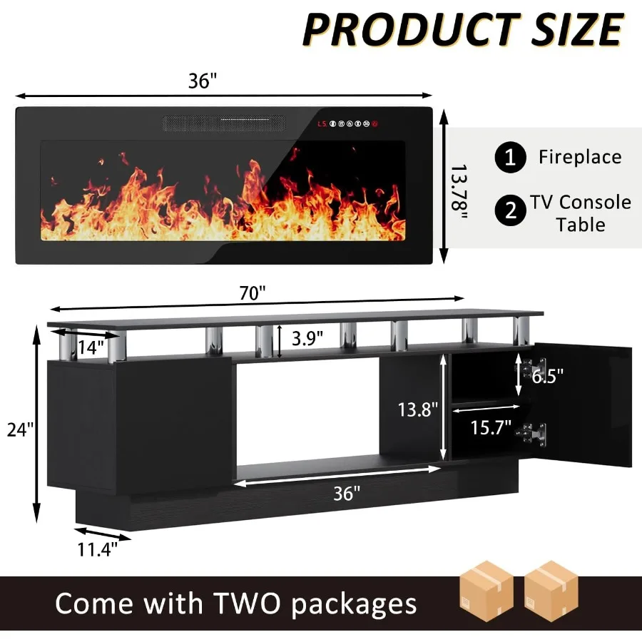 حامل تلفزيون مدفأة 70 بوصة لأجهزة التلفاز حتى 80 بوصة مع مدفأة كهربائية مقاس 36 بوصة عن بعد مركز ترفيه خشبي حديث #2