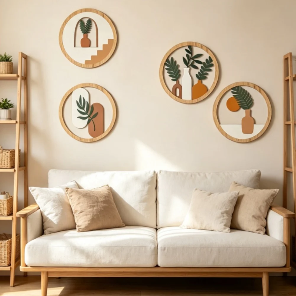 4 Piece Wooden Wall Decor Plaque Set with Classic Dawn and Leaves Design for Home Living Room Bedroom Decoration