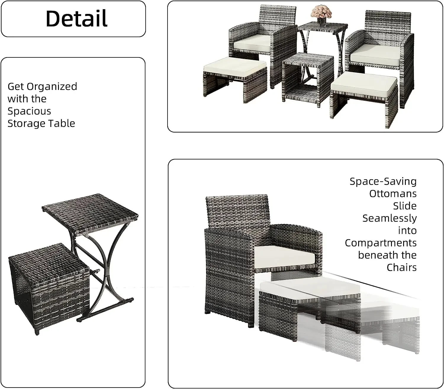 6 Piece Patio Furniture Conversation Set with Ottoman, Outdoor Black&Grey Wicker Chair and Table Set with Beige Cushion, Balcony