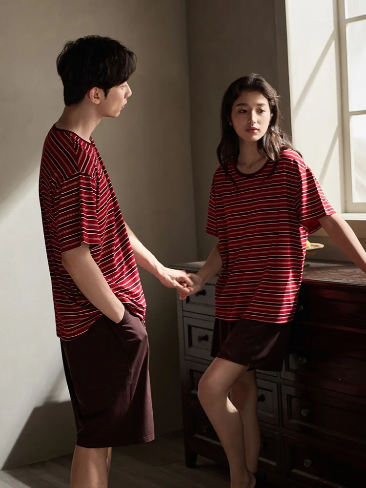 shaqian-red-zodiac-couple-sleepwear-summer-cool-modal-cotton-wedding-new-home-clothes-short-sleeve-men-women-leisure-shorts