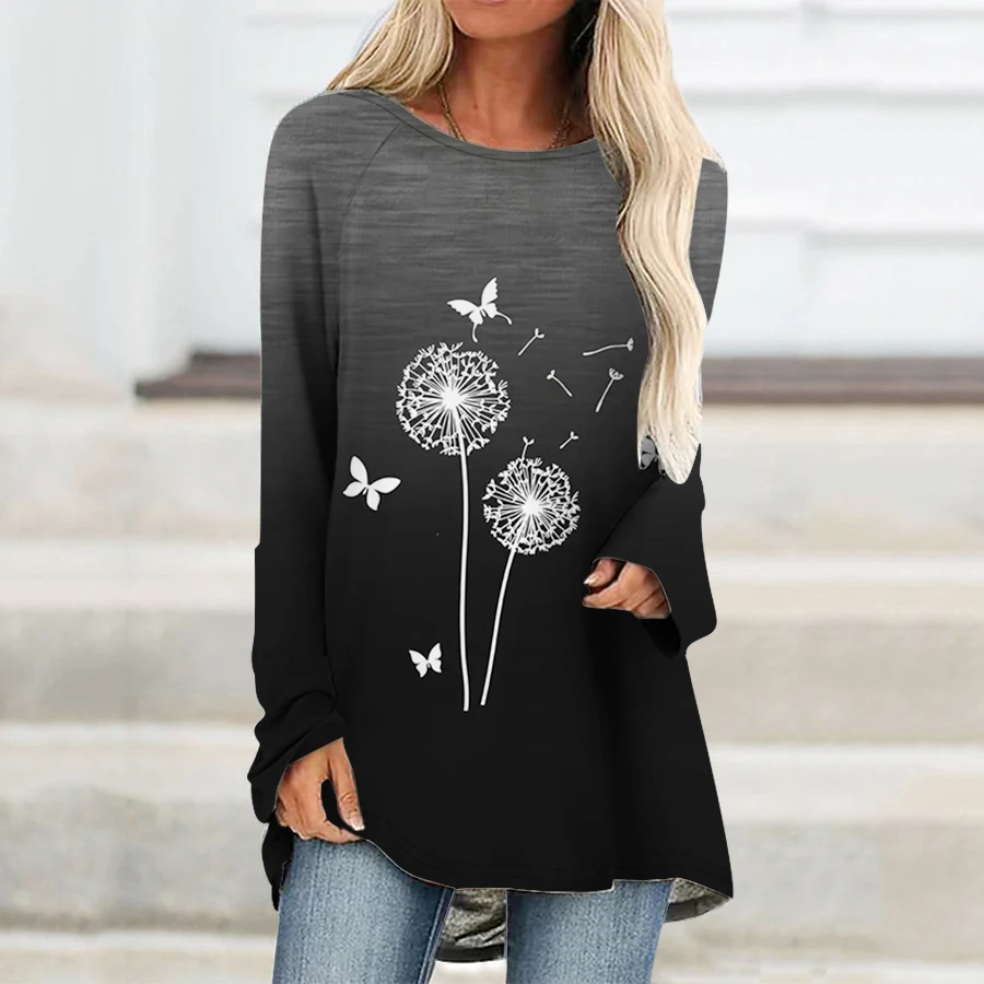 New Dandelion Butterfly 3D Print Long Sleeve T-Shirts Women\'s Fashion Oversized Floral T Shirt Streetwear Female Girls Tees Tops