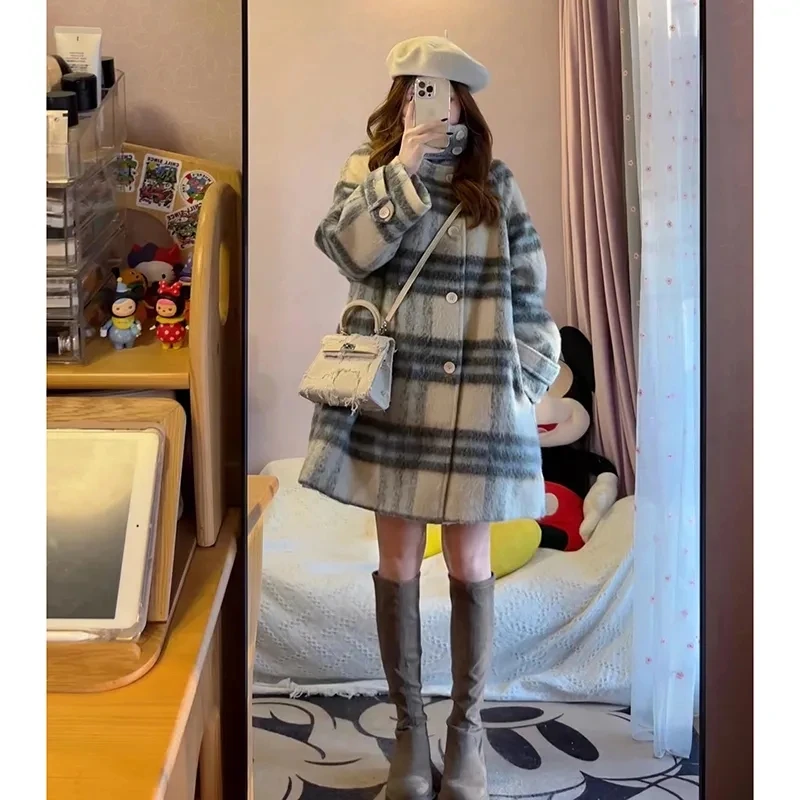 2023 New Autumn/Winter Checkered Woolen Coat Mid Length Korean Style The Waist Fashion Contrast Color Woolen Outwear Women