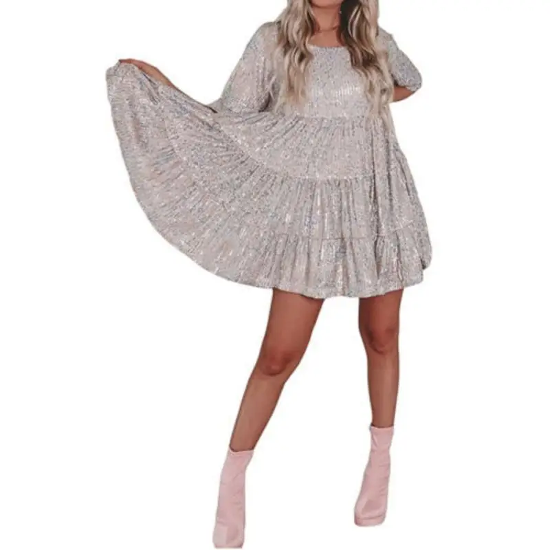 Robe à paillettes à col rond, demi-manches, volants, printemps, été, nouveau