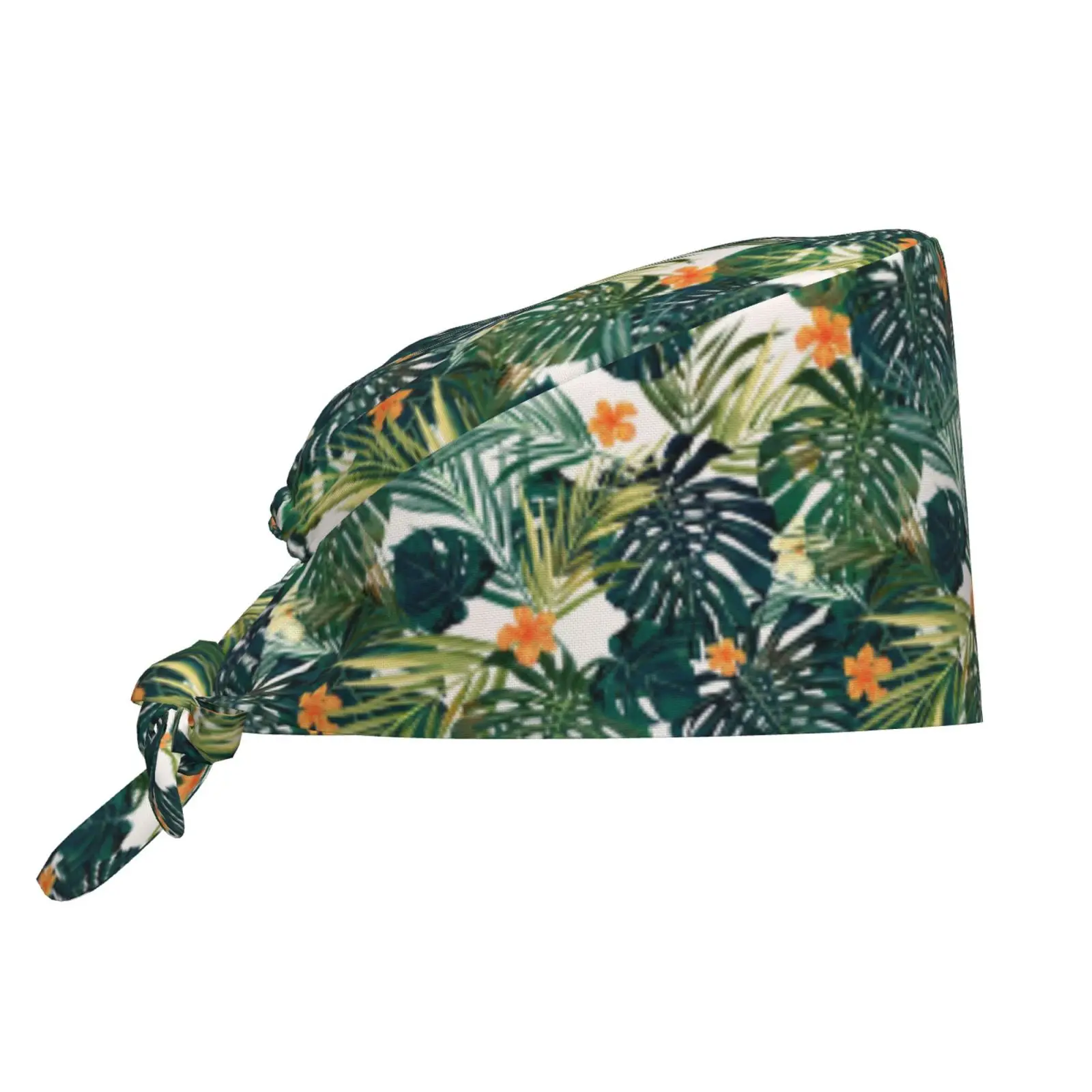 Tropical Palm Leaf Pattern Unisex Breathable Work Cap with Adjustable Sweatband and Elastic Bandage Cap for Nurses