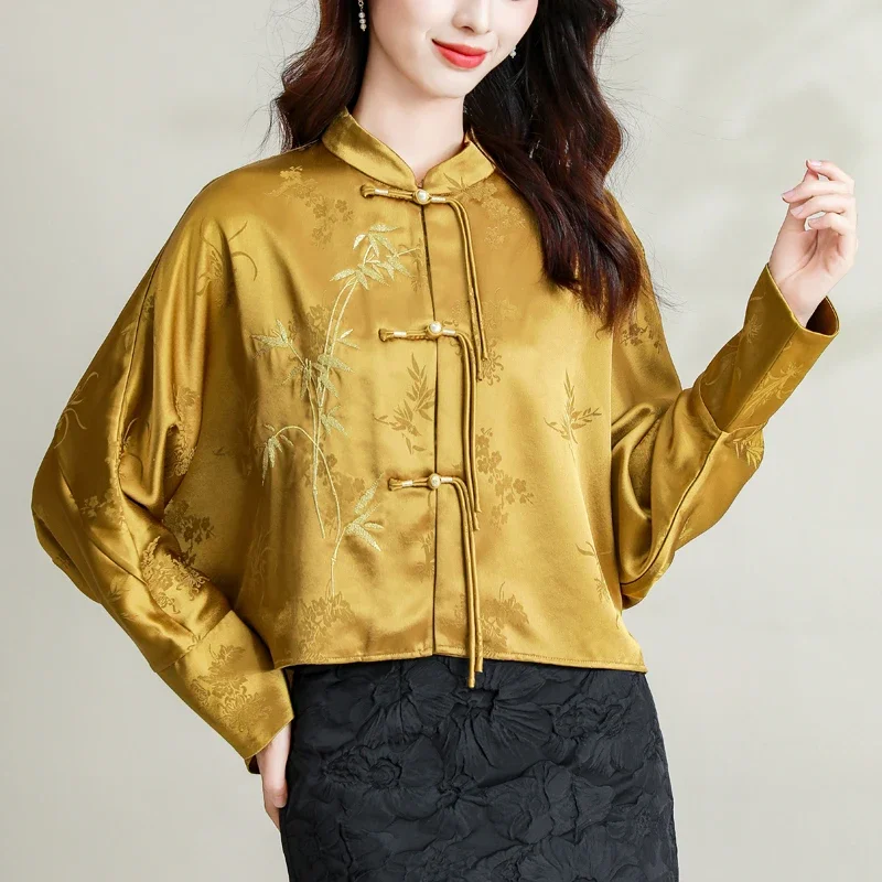 Satin Women\'s Shirts Spring/summer Print Chinese Style Blouses Loose Long Sleeves Vintage Women Tops Fashion Clothing