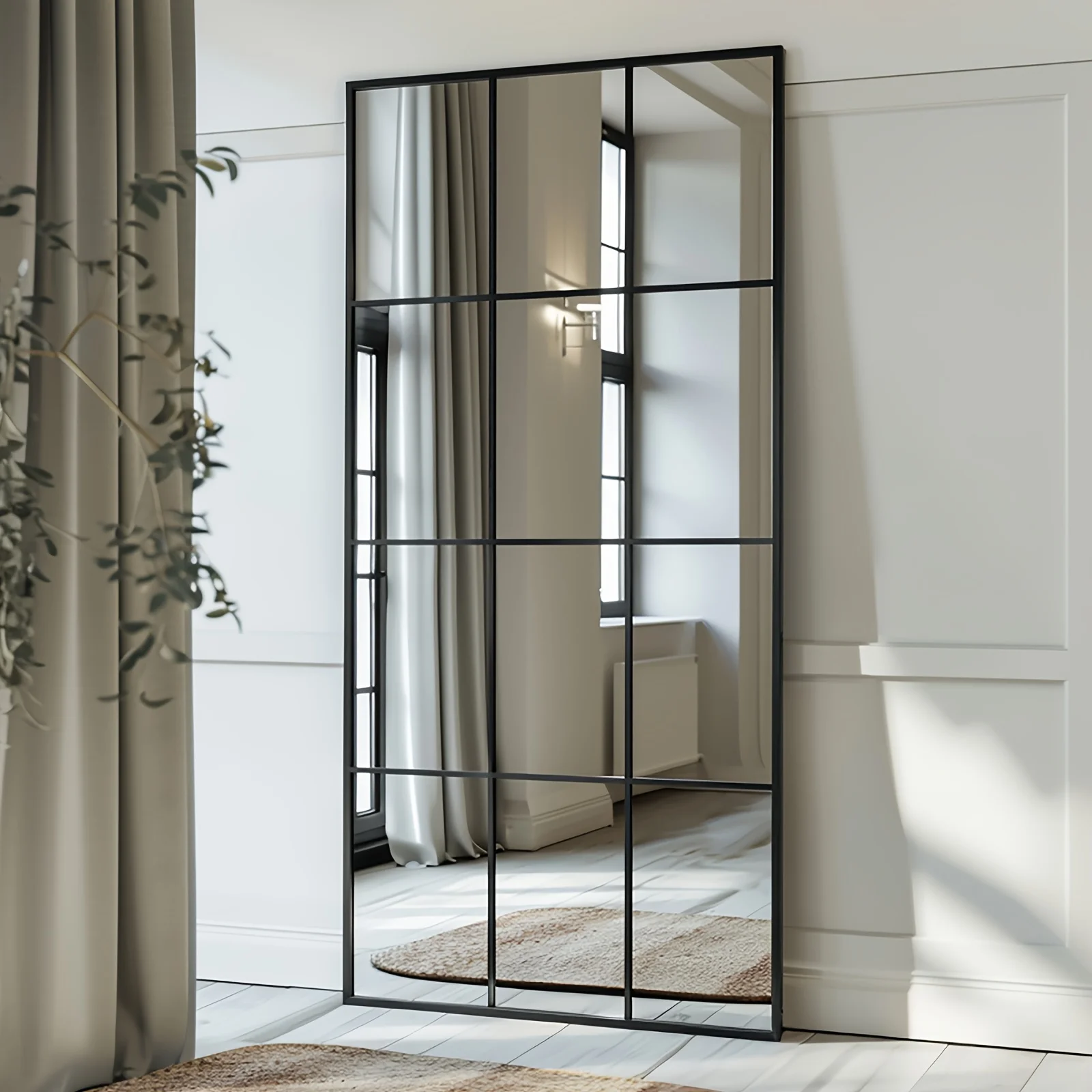 

Large Window Grid Mirror, Full-Length Reflection Mirror, Black Rectangular Windowpane Wall Decor, Floor Mirror Art for Bedroom,