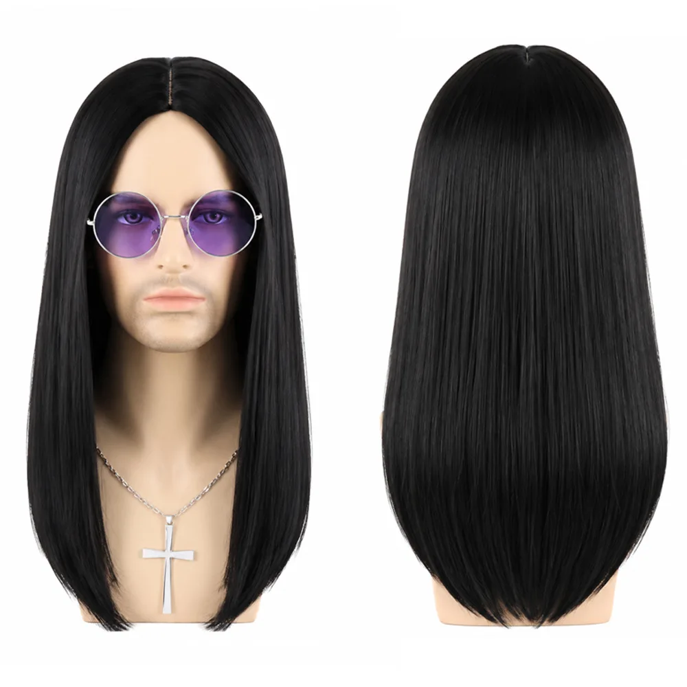 Men Middle Part Long Straight Black Synthetic Cosplay Wig with Glasses Necklace For Gothic Rock Style Halloween Party Carnival
