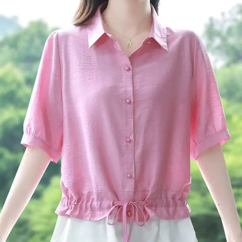 Women Summer Simplicity Loose Temperament Solid Color Cotton and Linen Short Sleeve Shirts Ladies Casual Appear Thin Trend Tops