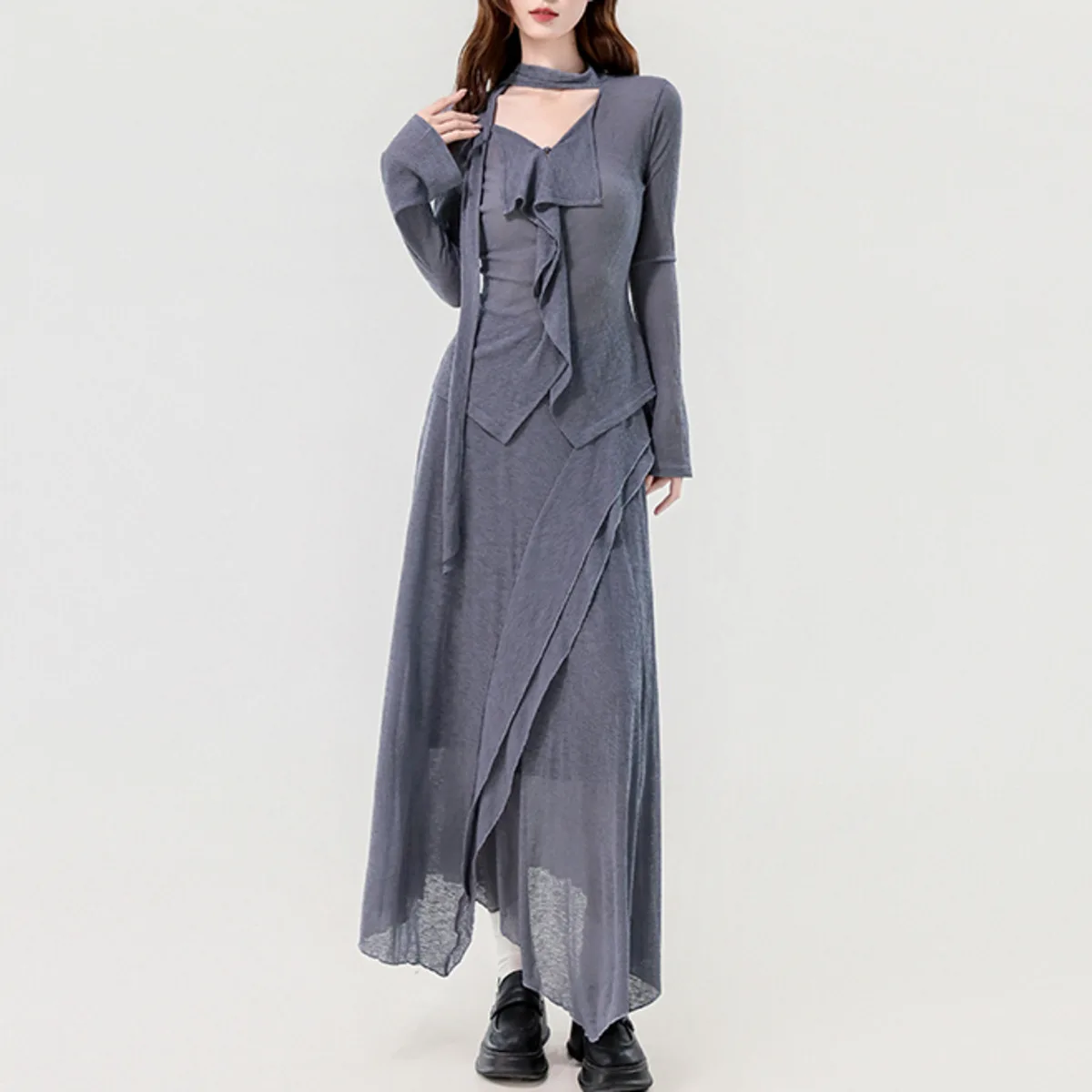 KWTX 2025 ensemble 2 pièces pour femmes à manches longues col en V volant t-shirt jupe asymétrique solide automne élégant Vintage Chic luxe