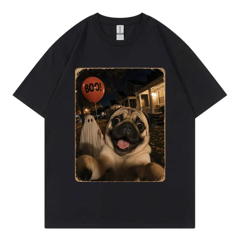 Halloween Pug Ghost Selfie Meme Graphic T Shirts Men Women Vintage Fashion T-shirts Summer Casual Cotton Short Sleeve T-shirt