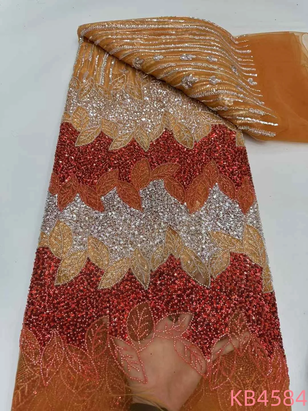 

Burnt Orange Beads Lace Fabrics African Lace Fabric 5 Yards High Quality 2025 Beads Embroidery Lace Sequence For Sewing KB4584